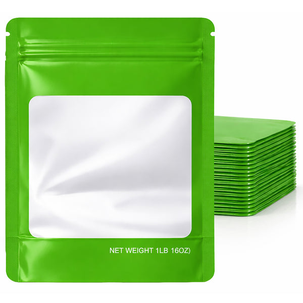 25 Pack – 1lb Solid Color Mylar Bags with Square Window - Green