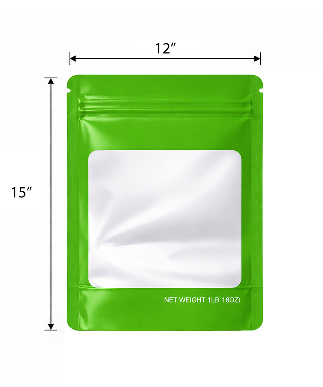 25 Pack – 1lb Solid Color Mylar Bags with Square Window - Green