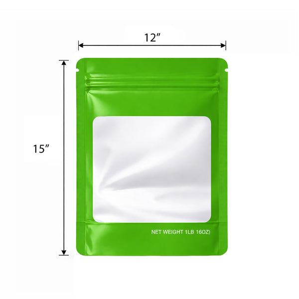 25 Pack – 1lb Solid Color Mylar Bags with Square Window - Green