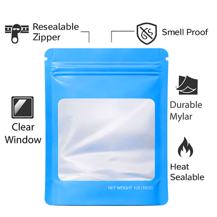 25 Pack – 1lb Solid Color Mylar Bags with Square Window - Light Blue