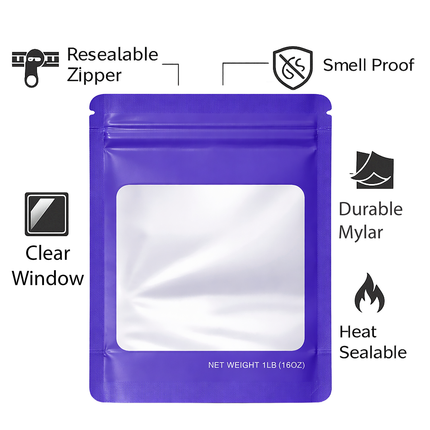 25 Pack – 1lb Solid Color Mylar Bags with Square Window - Royal Blue