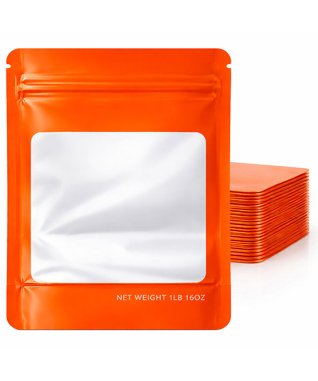 25 Pack – 1lb Solid Color Mylar Bags with Square Window - Orange