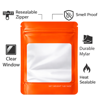 25 Pack – 1lb Solid Color Mylar Bags with Square Window - Orange