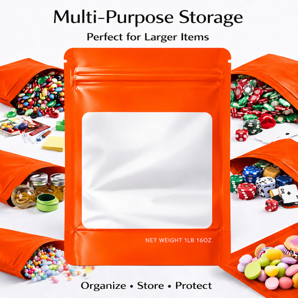 25 Pack – 1lb Solid Color Mylar Bags with Square Window - Orange