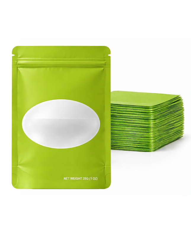 50 Pack – 28g Solid Color Mylar Bags with Oval Window - Green