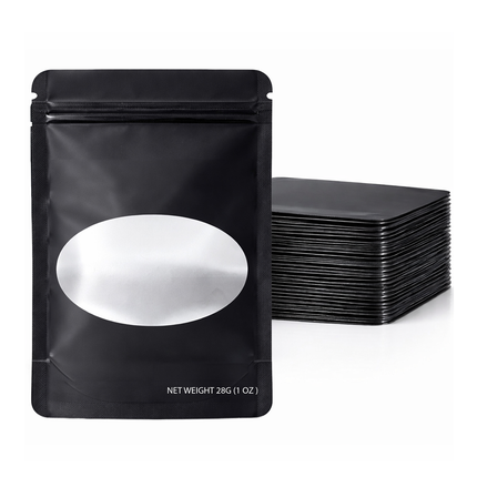 50 Pack – 28g Solid Color Mylar Bags with Oval Window - Black