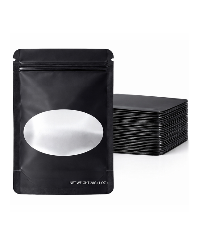 50 Pack – 28g Solid Color Mylar Bags with Oval Window - Black