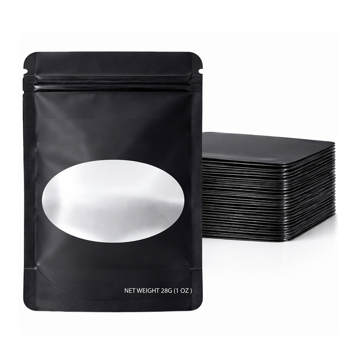 50 Pack – 28g Solid Color Mylar Bags with Oval Window - Black