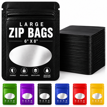 50 Pack - Large Solid Color Zip-Seal Foil Pouches (6"x8") Oval Style Selection