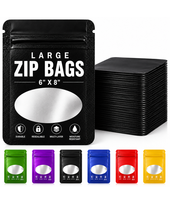 50 Pack - Large Solid Color Zip-Seal Foil Pouches (6"x8") Oval Style Selection