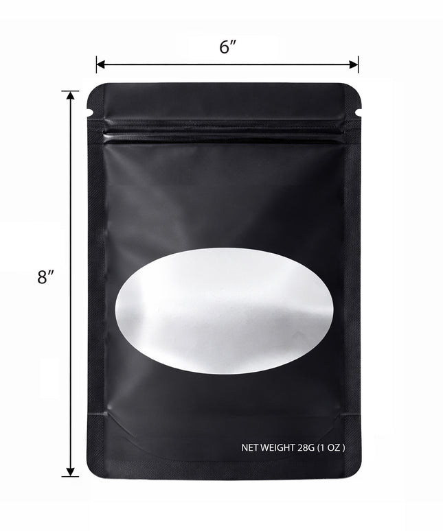 50 Pack – 28g Solid Color Mylar Bags with Oval Window - Black