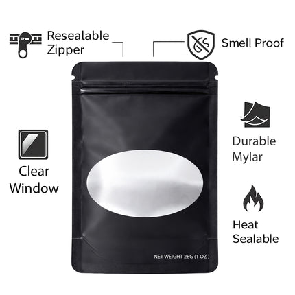 50 Pack – 28g Solid Color Mylar Bags with Oval Window - Black