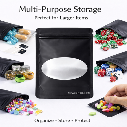 50 Pack – 28g Solid Color Mylar Bags with Oval Window - Black