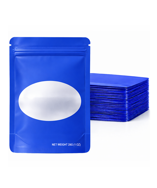 50 Pack – 28g Solid Color Mylar Bags with Oval Window - Royal Blue