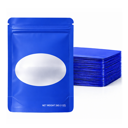 50 Pack – 28g Solid Color Mylar Bags with Oval Window - Royal Blue