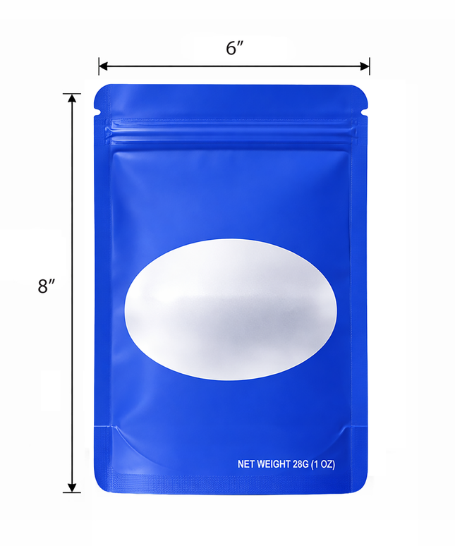 50 Pack – 28g Solid Color Mylar Bags with Oval Window - Royal Blue