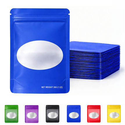 50 Pack – 28g Solid Color Mylar Bags with Oval Window - Royal Blue