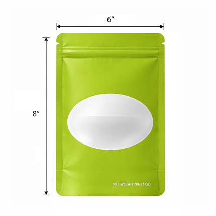 50 Pack – 28g Solid Color Mylar Bags with Oval Window - Green