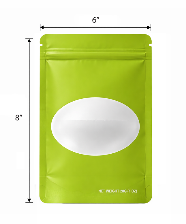 50 Pack – 28g Solid Color Mylar Bags with Oval Window - Green