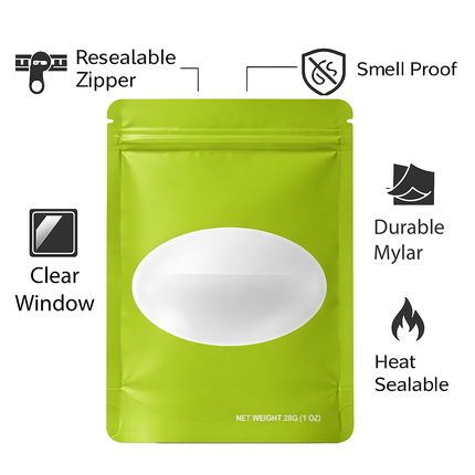 50 Pack – 28g Solid Color Mylar Bags with Oval Window - Green
