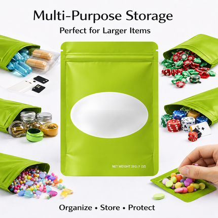 50 Pack – 28g Solid Color Mylar Bags with Oval Window - Green
