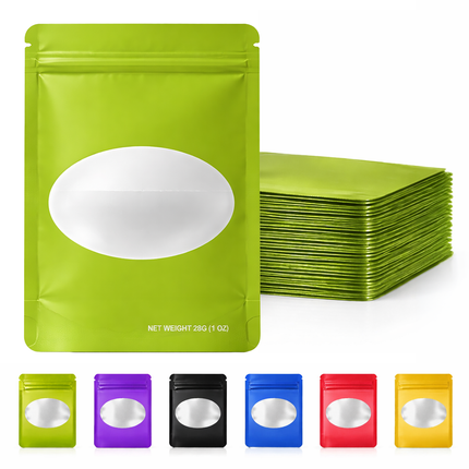 50 Pack – 28g Solid Color Mylar Bags with Oval Window - Green