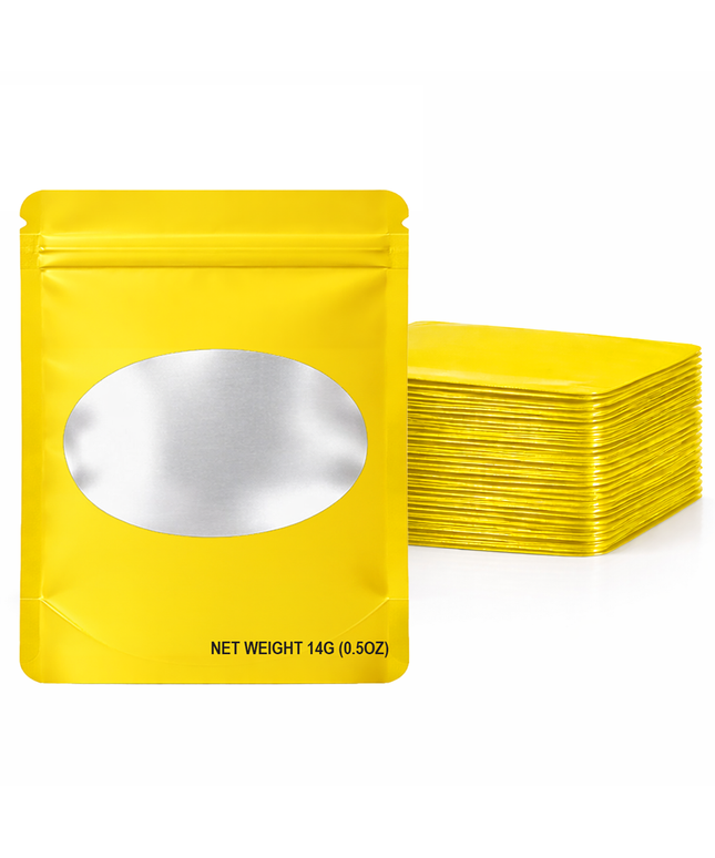 50 Pack – 28g Solid Color Mylar Bags with Oval Window - Yellow