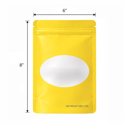 50 Pack – 28g Solid Color Mylar Bags with Oval Window - Yellow