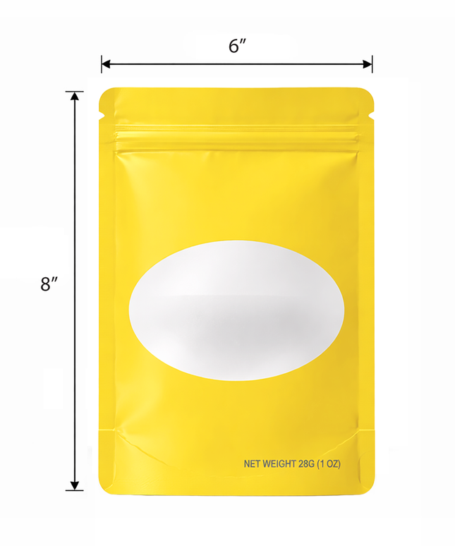 50 Pack – 28g Solid Color Mylar Bags with Oval Window - Yellow
