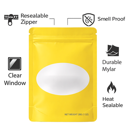 50 Pack – 28g Solid Color Mylar Bags with Oval Window - Yellow