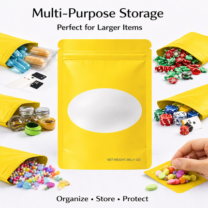 50 Pack – 28g Solid Color Mylar Bags with Oval Window - Yellow