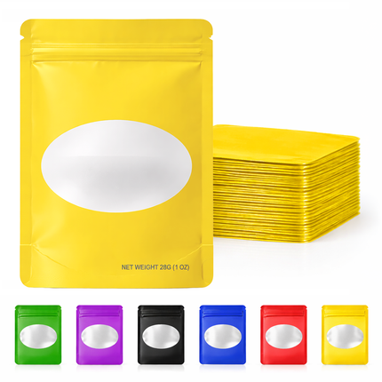 50 Pack – 28g Solid Color Mylar Bags with Oval Window - Yellow