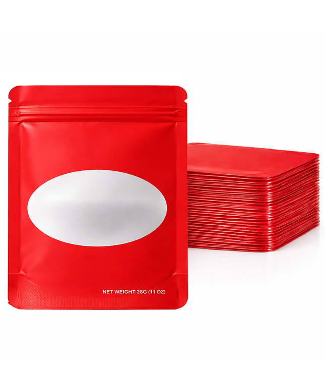 50 Pack – 28g Solid Color Mylar Bags with Oval Window - Red