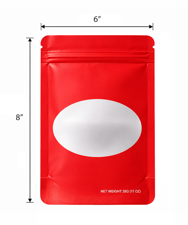 50 Pack – 28g Solid Color Mylar Bags with Oval Window - Red