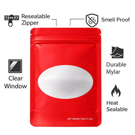 50 Pack – 28g Solid Color Mylar Bags with Oval Window - Red
