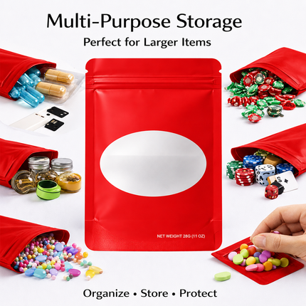 50 Pack – 28g Solid Color Mylar Bags with Oval Window - Red