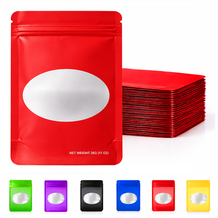 50 Pack – 28g Solid Color Mylar Bags with Oval Window - Red