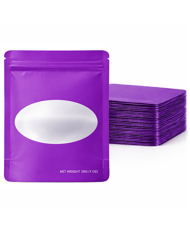 50 Pack – 28g Solid Color Mylar Bags with Oval Window - Purple