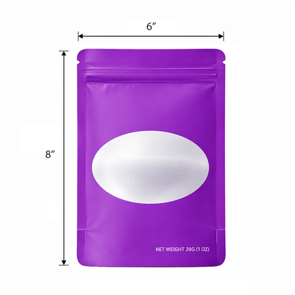 50 Pack – 28g Solid Color Mylar Bags with Oval Window - Purple
