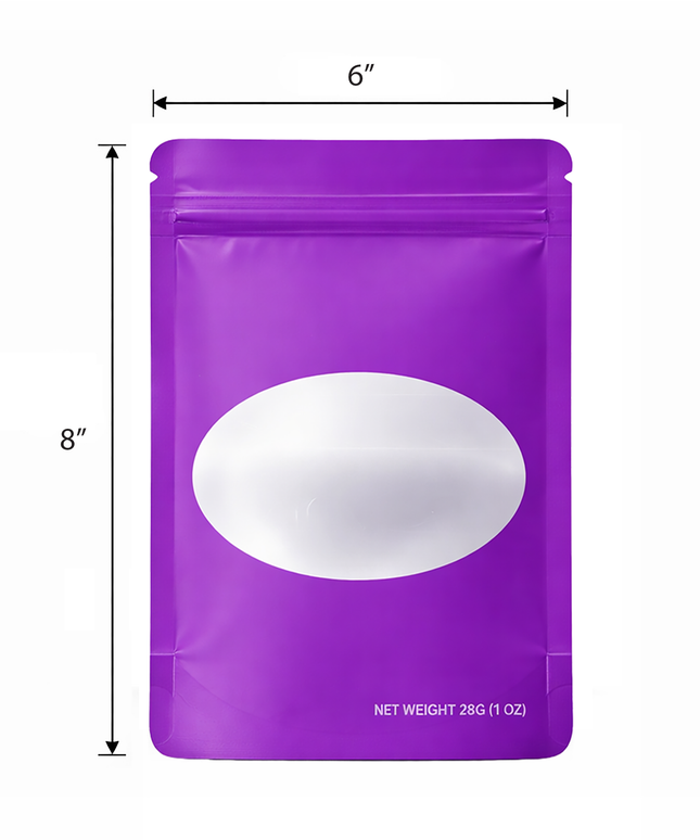 50 Pack – 28g Solid Color Mylar Bags with Oval Window - Purple