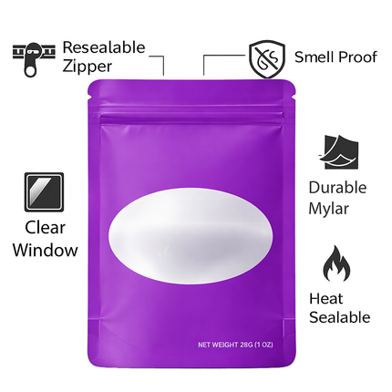 50 Pack – 28g Solid Color Mylar Bags with Oval Window - Purple