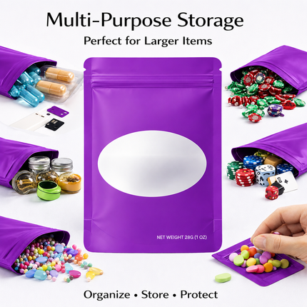 50 Pack – 28g Solid Color Mylar Bags with Oval Window - Purple