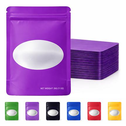 50 Pack – 28g Solid Color Mylar Bags with Oval Window - Purple