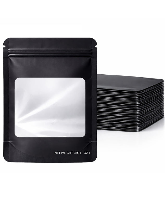 50 Pack – 28g Solid Color Mylar Bags with Square Window - Black