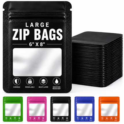 50 Pack - Large Solid Color Zip-Seal Foil Pouches (6"x8") Square Style Selection