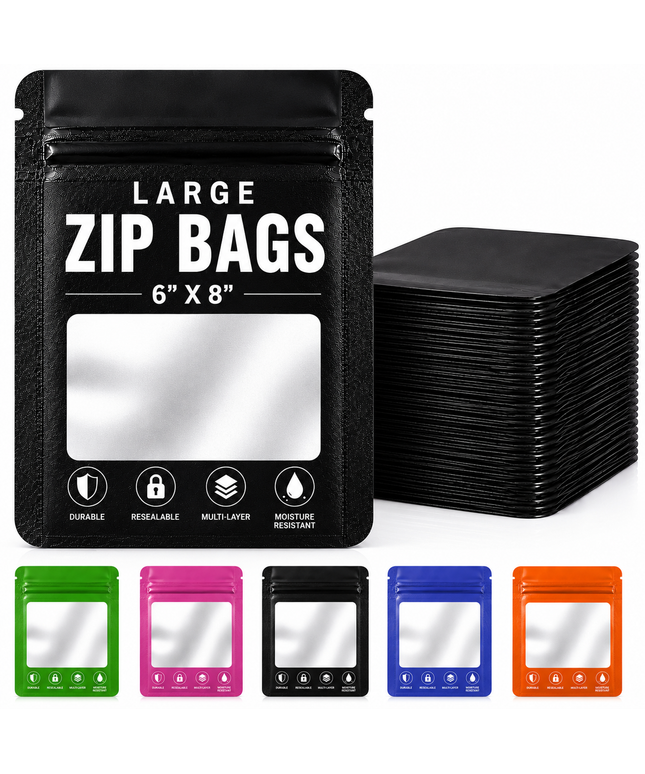 50 Pack - Large Solid Color Zip-Seal Foil Pouches (6"x8") Square Style Selection
