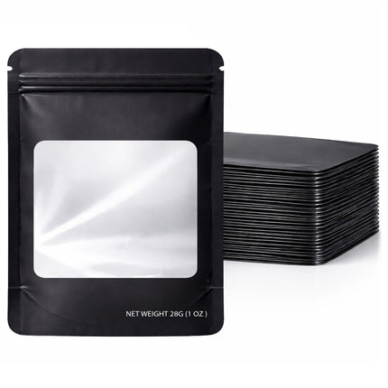 50 Pack – 28g Solid Color Mylar Bags with Square Window - Black