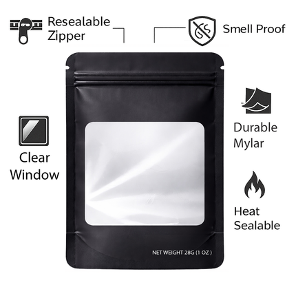 50 Pack – 28g Solid Color Mylar Bags with Square Window - Black
