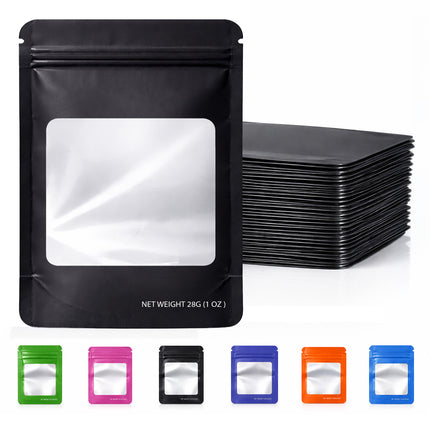 50 Pack – 28g Solid Color Mylar Bags with Square Window - Black