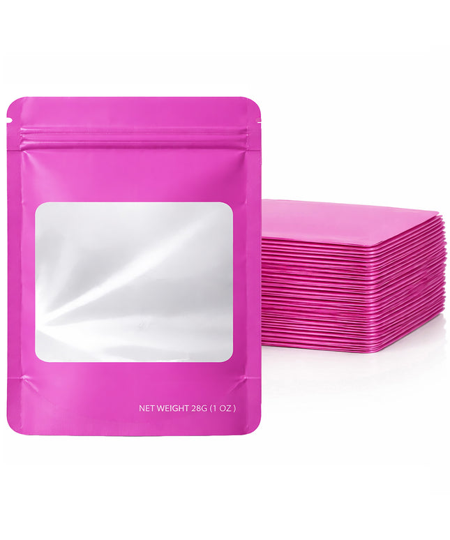 50 Pack – 28g Solid Color Mylar Bags with Square Window - Pink
